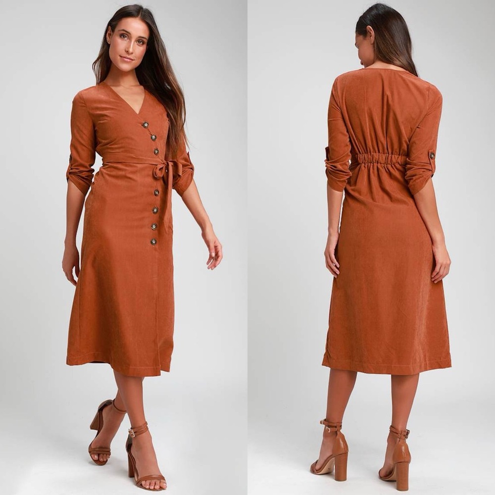 Lulus | Pull Me Close Terracotta Suede Button-Up Midi Dress